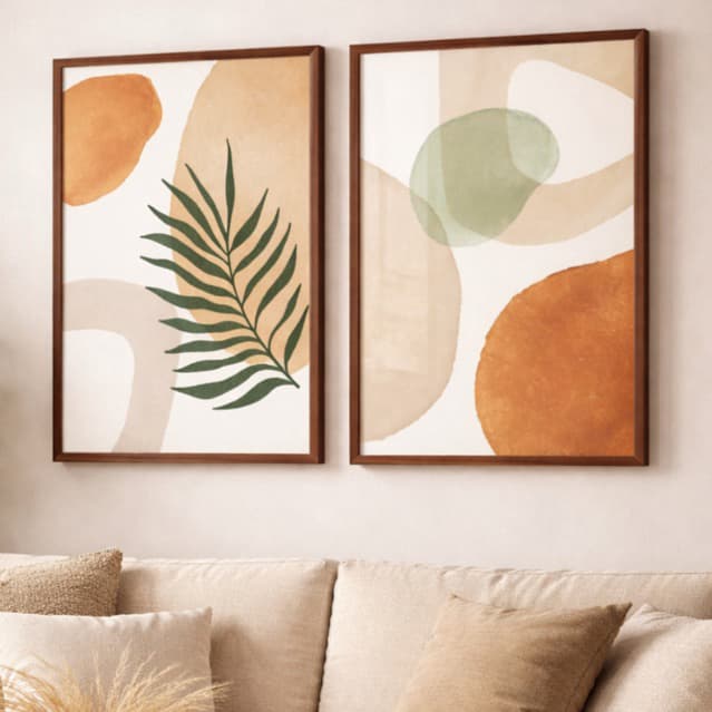 Kit 2 quadros decorativos estilo escandinavo boho com folha verde e círculos coloridos