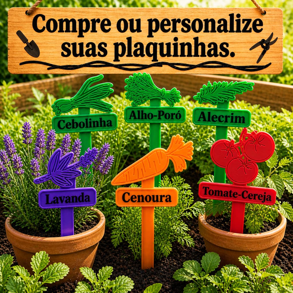 Placas identificadas para jardim com nomes de plantas em cores vibrantes