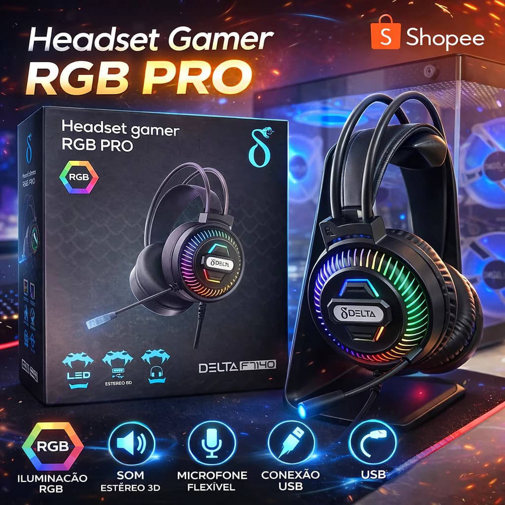 Headset gamer RGB Pro Delta com microfone flexível e iluminação RGB, conectado via USB.