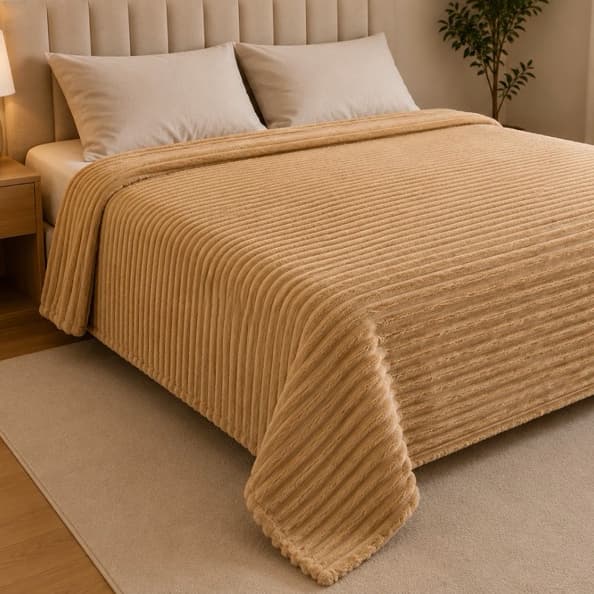 Manta canelada bege para cama de casal, textura de cordões, aconchegante e quente.