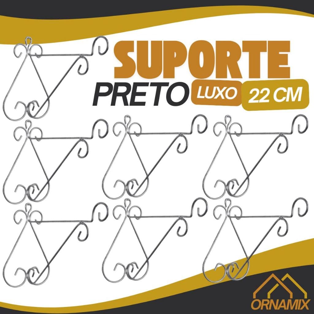 Kit 10 Suportes de Vaso Suspenso 22cm Preto Arabesco Luxo