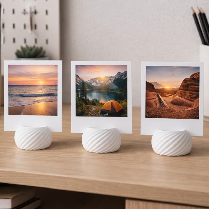 Kit de suportes para fotos Polaroid Instax, três porta-retratos em suportes decorativos brancos, mesa de madeira, imagens de pôr do sol, montanhas e paisagem rochosa.