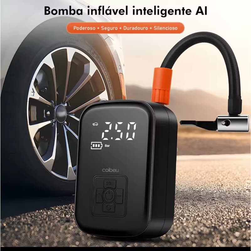 Compressor de ar portátil conectado a um pneu de carro, tela digital mostrando 250, fundo de terra com carro, texto 'Bomba inflável inteligente AI'.