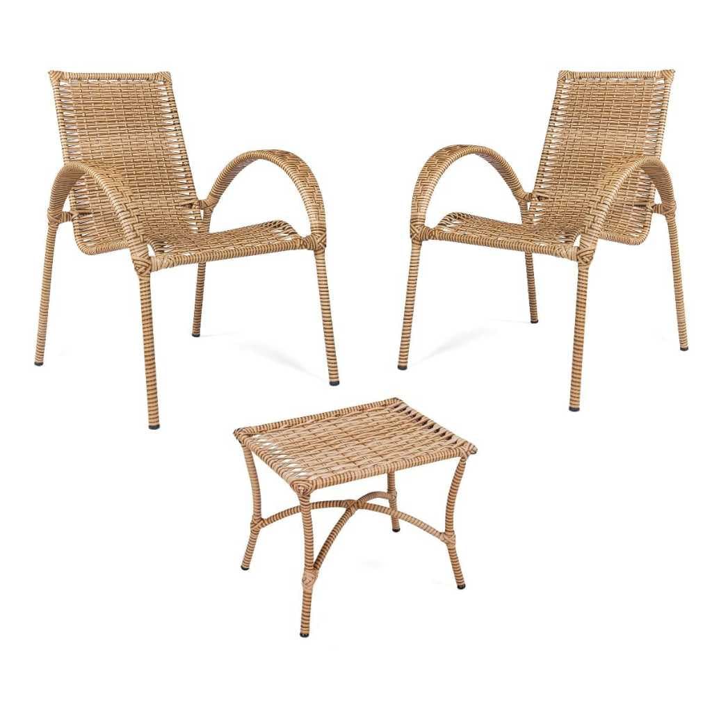 Kit 2 Cadeiras Grécia + Mesa Sauipe Rattan Marrom Claro para Jardim