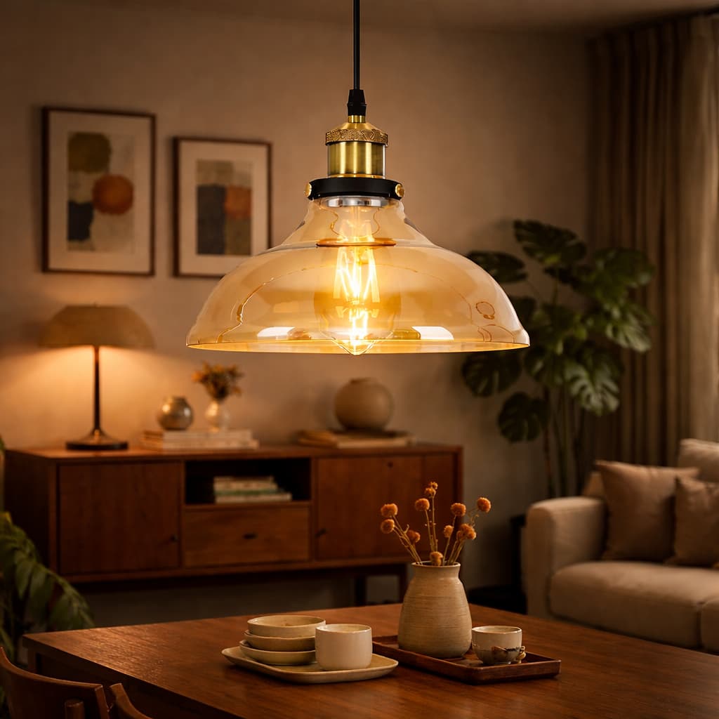 Luminária pendente vintage com cúpula de vidro e acabamento metálico, iluminando uma sala com decoração minimalista.
