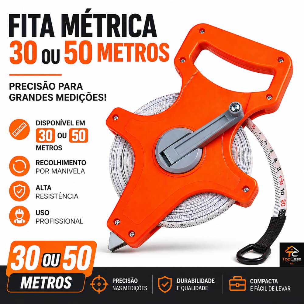 Fita Métrica Profissional 30 ou 50 Metros com Manivela para Obras e Construção