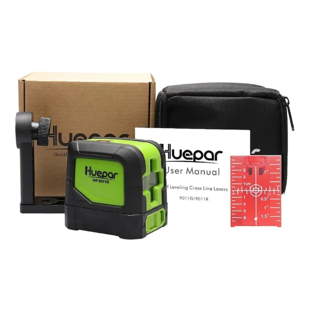 Nível laser vermelho Huepar 9011R com duas linhas, manual e régua de medição