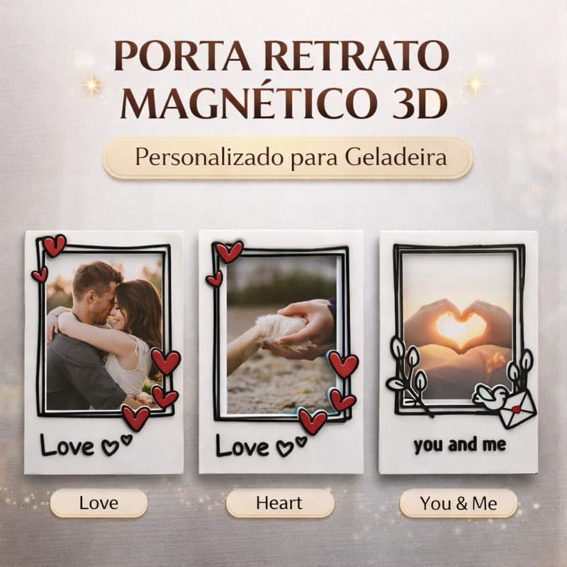 Porta-retrato magnético 3D personalizado para geladeira com molduras em forma de coração e fotos de amor