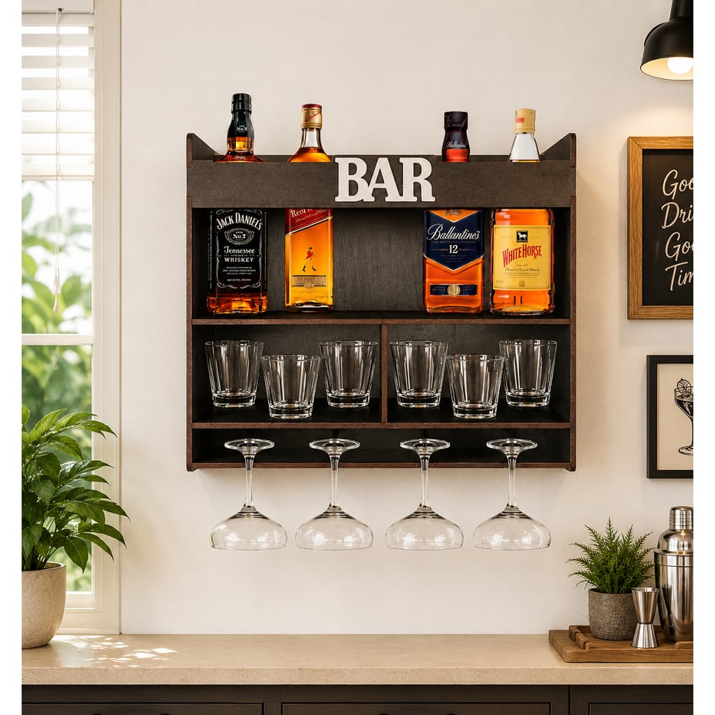 Bar Adega Barzinho De Parede Rústico Madeira Com Porta Garrafas De Vinhos Whisky Gin Bebidas E Porta Taça Bar Decorativo