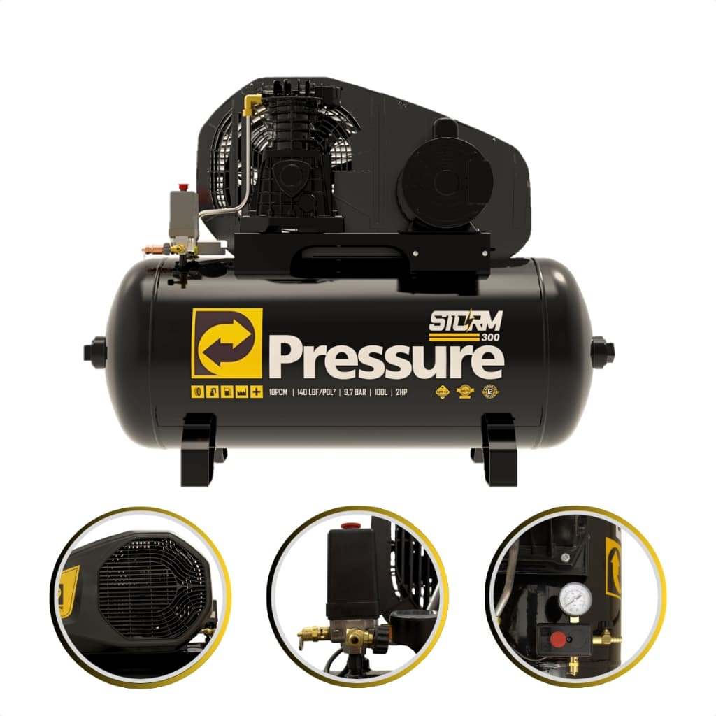 Compressor Ar Trifásico 140 Psi 10 Pés 100L Strom 300 Motor Weg 2Hp Profissional Elétrico Horizontal
