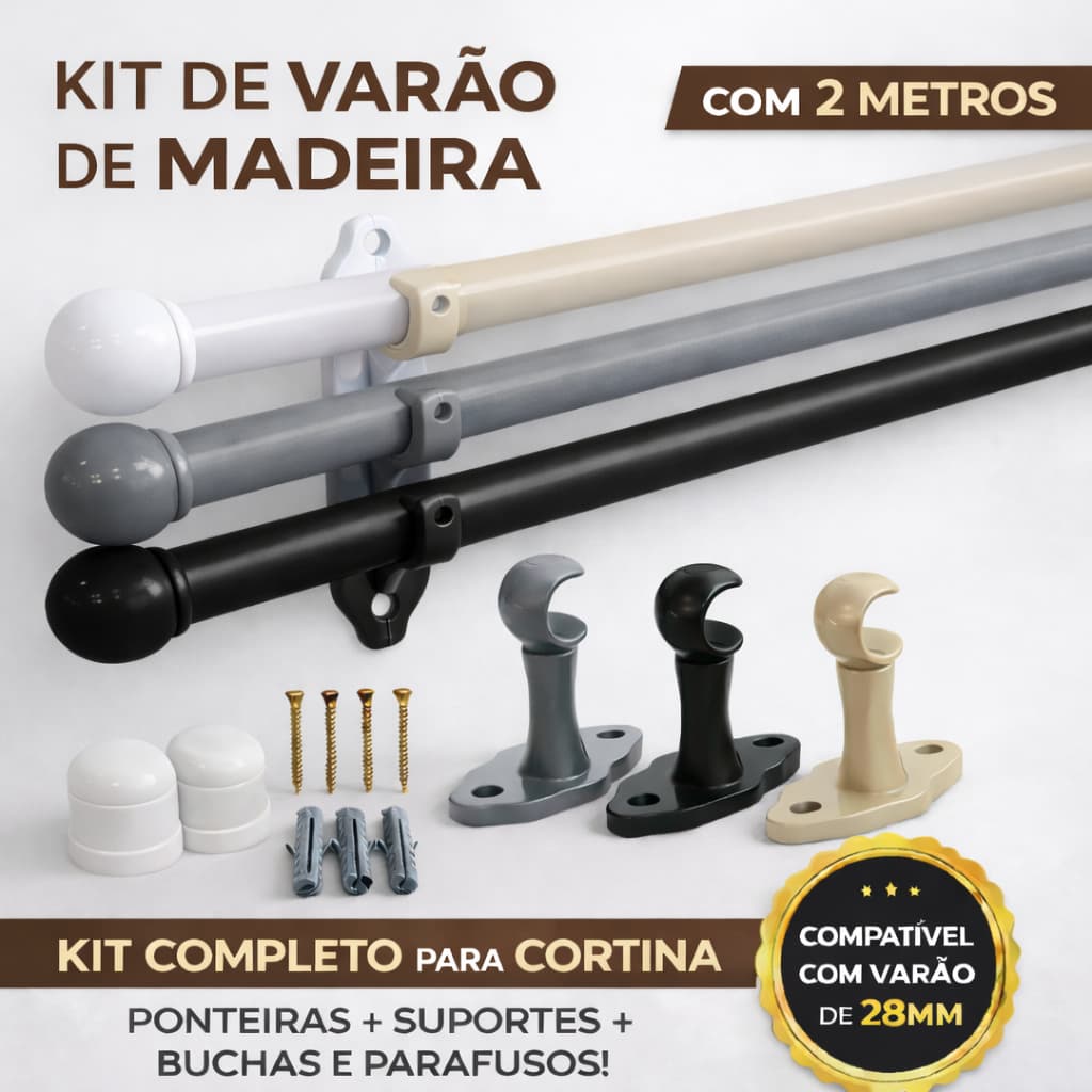 Varão de Cortina de Madeira Simples 2,00m  Branco ou Cinza Para Cozinha Sala Quarto Landeria Edicula