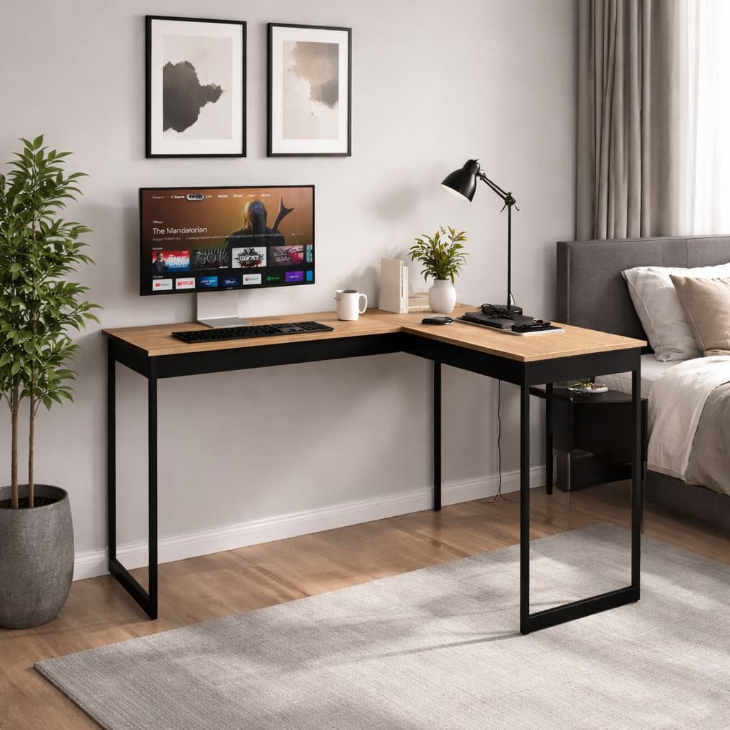 Escrivaninha industrial em forma de L com pés de metal, 110cm de canto para quarto