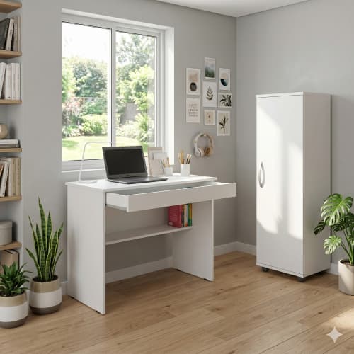 Kit Escritório Compacto: Escrivaninha com Gaveta + Armário Multiuso 4 Nichos