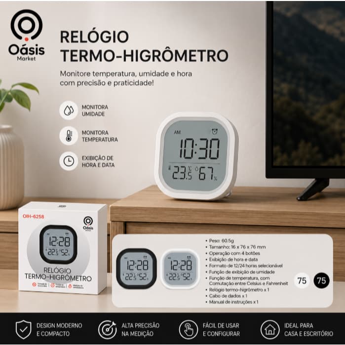 Relógio digital branco com termômetro e higrômetro Oasis Market