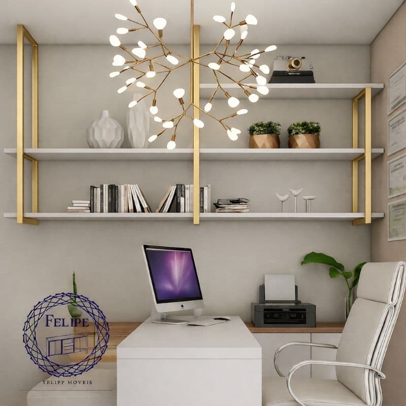 Prateleira industrial de parede/teto preta e dourada com livros e plantas