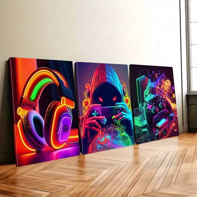 Quadros decorativos neon para sala de jogos com fone de ouvido e controle de jogo