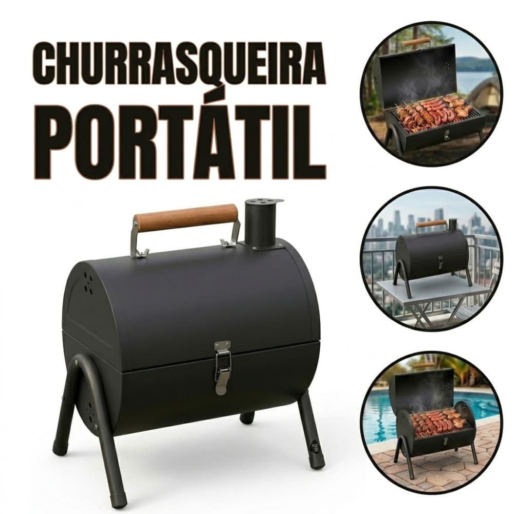 Churrasqueira Portátil a Carvão Dobrável com Tampa e Chaminé Camping Praia Churrasco