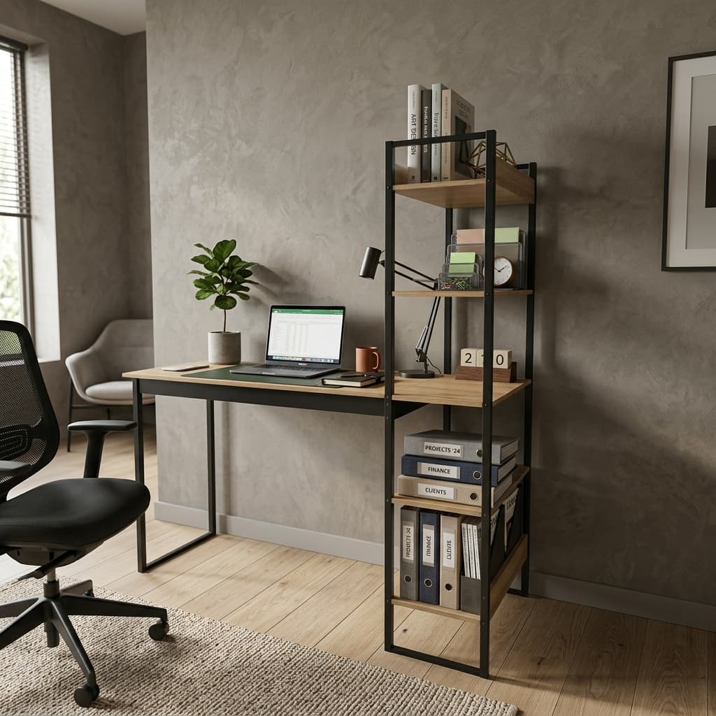 Mesa Escrivaninha Estilo Industrial com Estante de 5 Prateleiras Integrada - para Estudo e Home Office