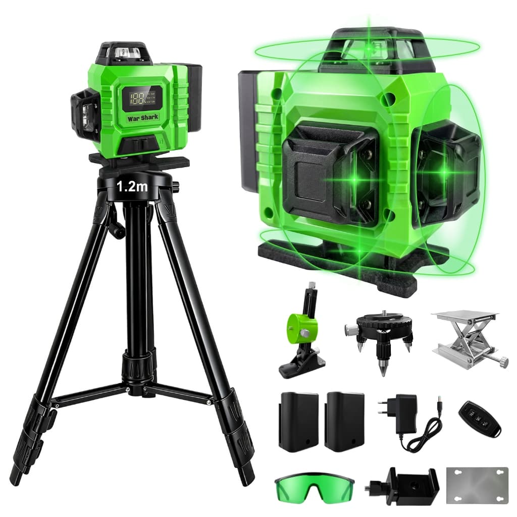 Nível Laser 16 Linhas Profissional  Verde Nível 360° Auto-Nivelante 4D + Tripé 1.2m + 40m + 4000mAh Baterias*2 War Shark