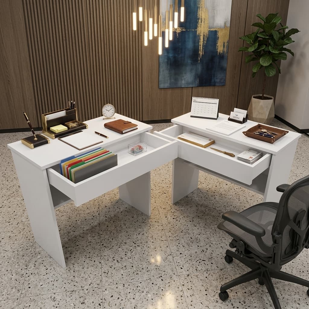 Conjunto com 2 Escrivaninhas com 1 Gaveta Multiuso e Prateleira – Ideais para Escritório