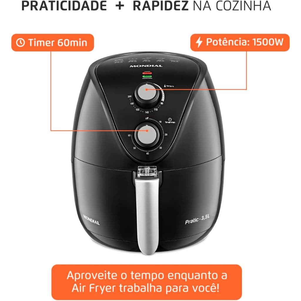 Fritadeira sem óleo Air Fryer 3,5L Mondial com timer e potência de 1500W
