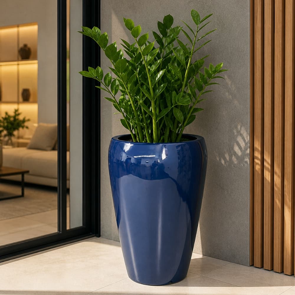 Vaso de fibra de vidro azul com planta verde, 62cm, estilo moderno, brilho auto-brilho.
