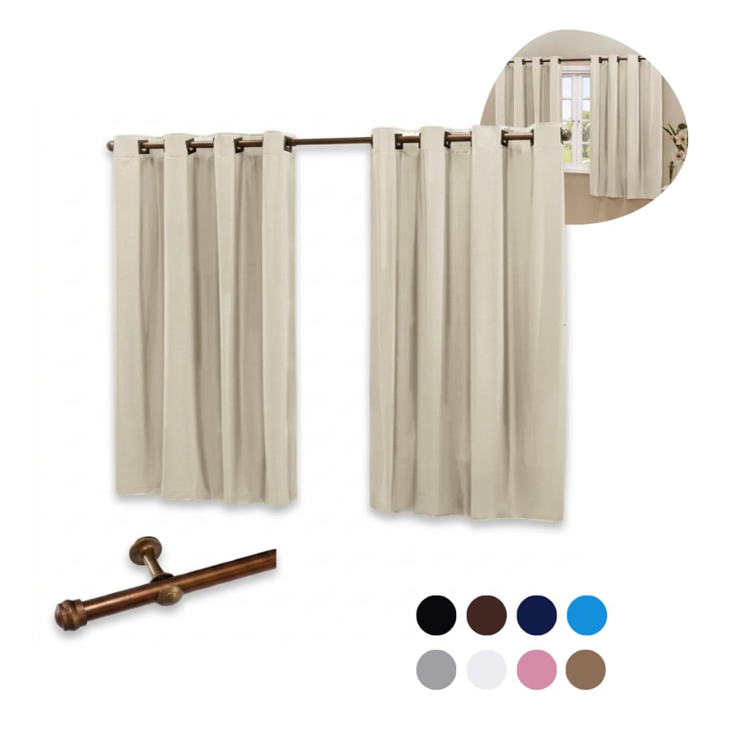 Kit de cortinas blackout em PVC com varão incluso, bege, para bloqueio de luz.