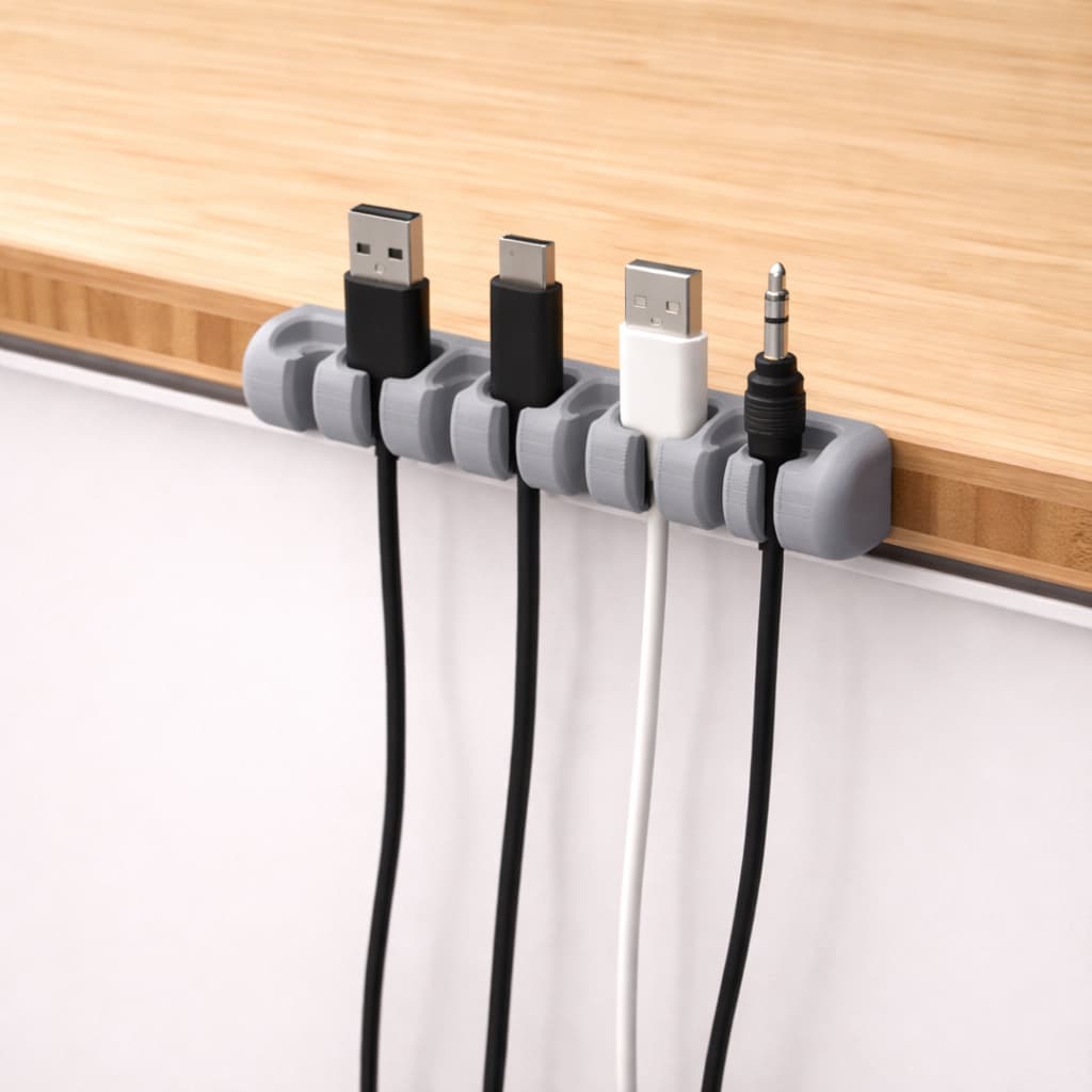 Organizador de cabos de mesa com quatro compartimentos cinza para USB e cabos de áudio, preso à borda da mesa de madeira.