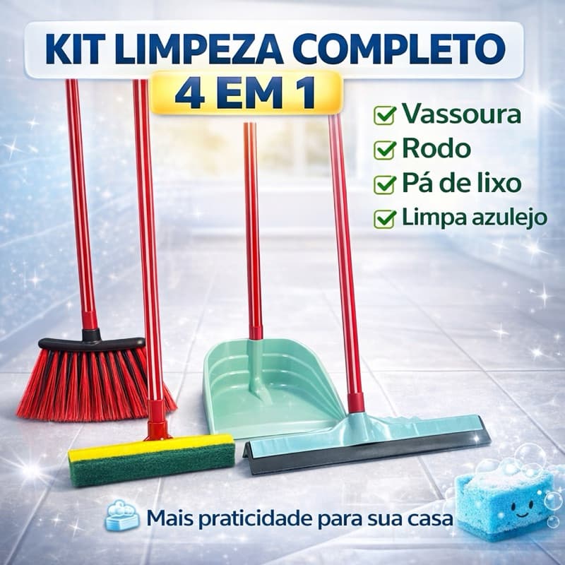 Kit Limpeza 4 Peças Vassoura Rodo 40cm Pá de Lixo Grande Limpa Azulejo Multiuso Interno e Externo