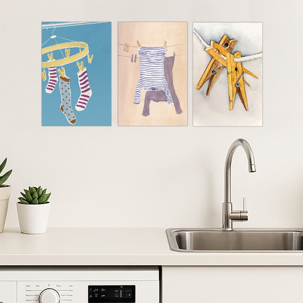Kit de 3 quadros decorativos para lavanderia com roupas no varal e prendedores amarelos