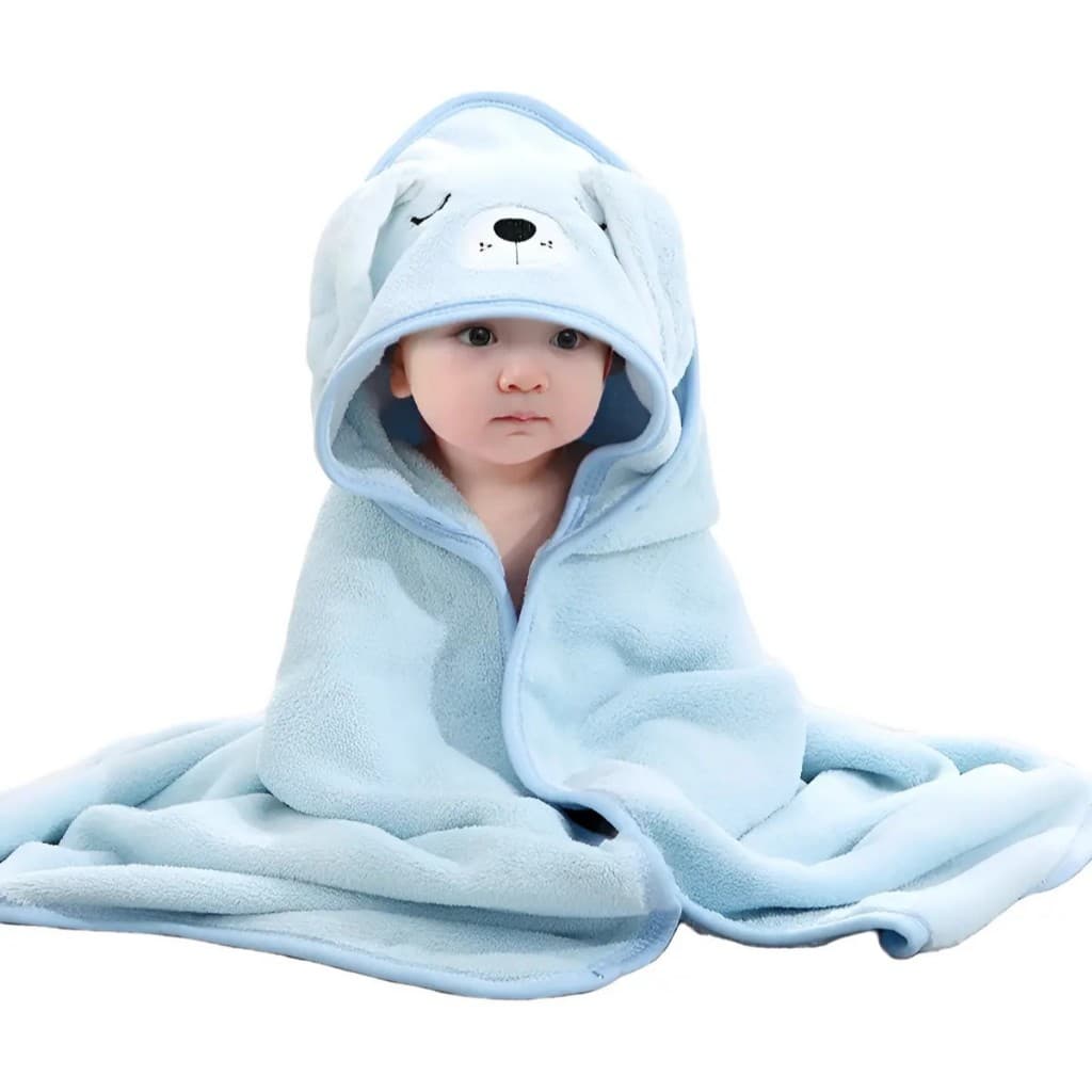 Toalha de banho para bebê com capuz azul e desenho de bichinho