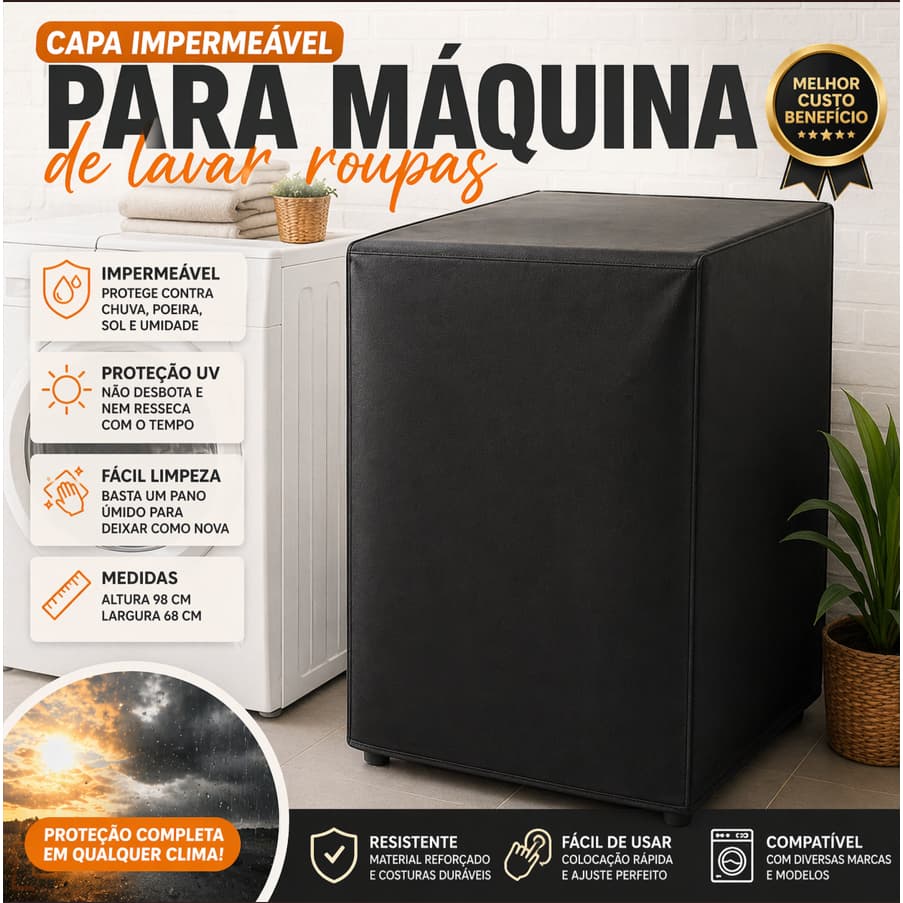 Capa impermeável preta para máquina de lavar roupas Samsung Prime, proteção UV, fácil de limpar.