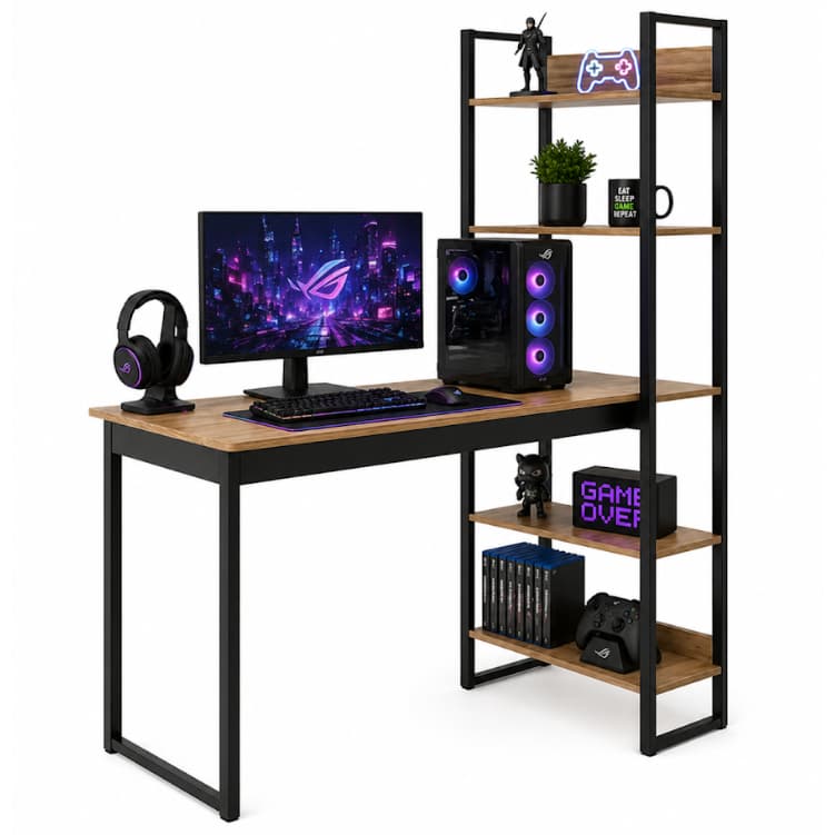 Escrivaninha de escritório com estante integrada, mesa de madeira e prateleiras pretas, fundo branco