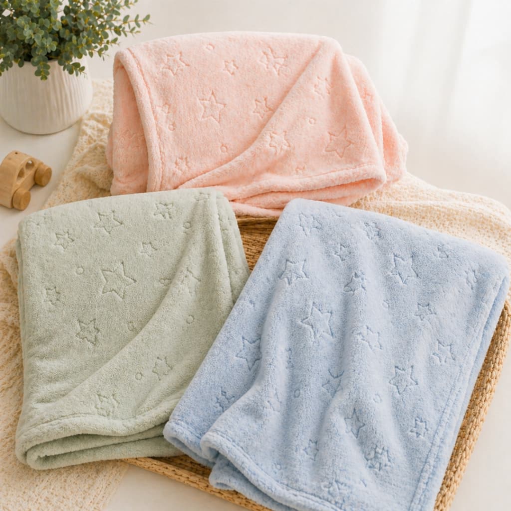 Três mantas de bebê em microfibra flanelada com padrão de estrelas em cores rosa, verde e azul