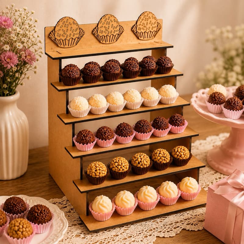 Expositor de doces em MDF com prateleiras para brigadeiro e doces de colher