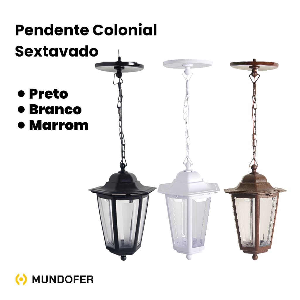 Pendentes coloniais sextavados preto, branco e marrom com cúpula de vidro transparente