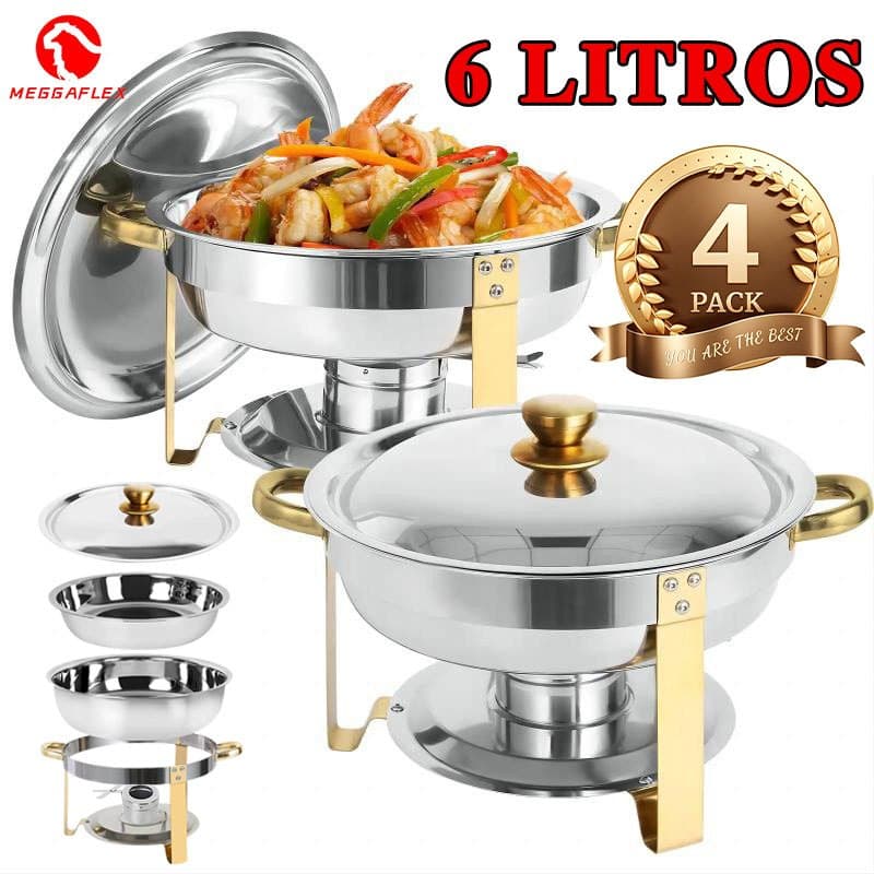 Rechaud Redondo Aço Inox Dourado com Tampa de Vidro Quente e Frio para Buffet Festas e Eventos MEGGAFLEX