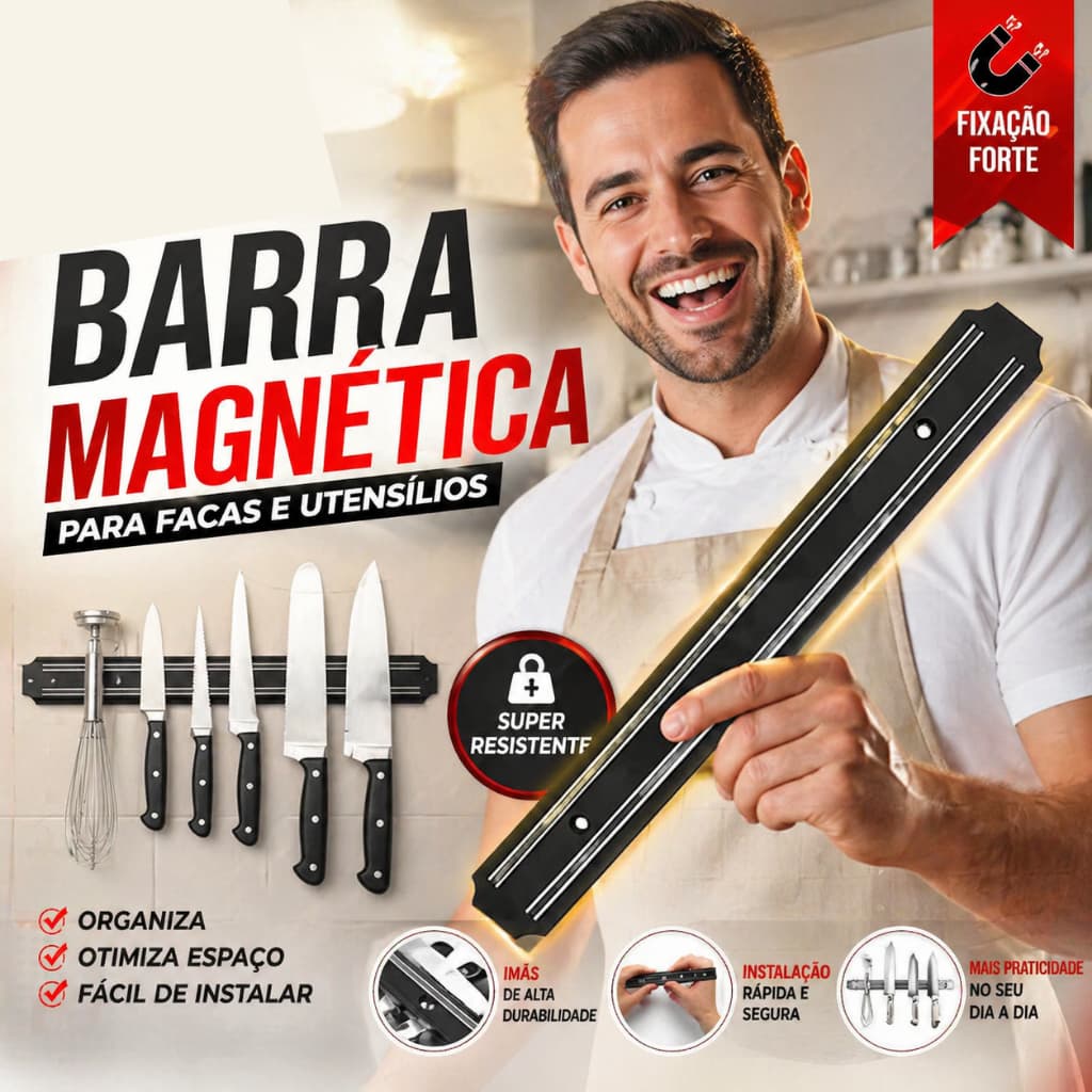 Barra magnética forte para facas e ferramentas, fixação forte, super resistente, organiza, otimiza espaço, fácil de instalar