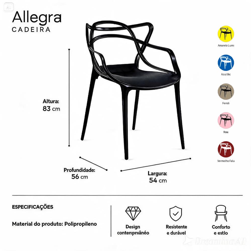 Cadeira Allegra preta com design ergonômico, em polipropileno, fácil limpeza. Altura: 83 cm, profundidade: 56 cm, largura: 54 cm.
