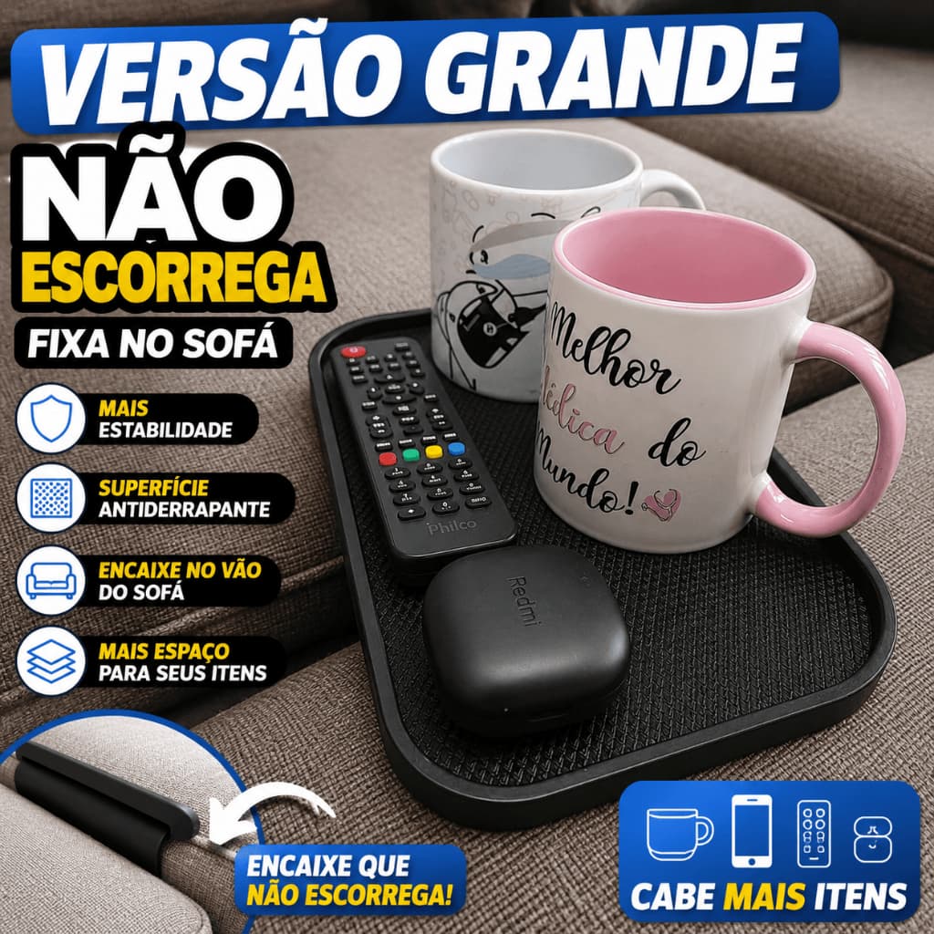 Bandeja para Sofá Grande Antiderrapante com Encaixe no Vão – Mais Espaço e Estabilidade para Copo, Celular e Controle