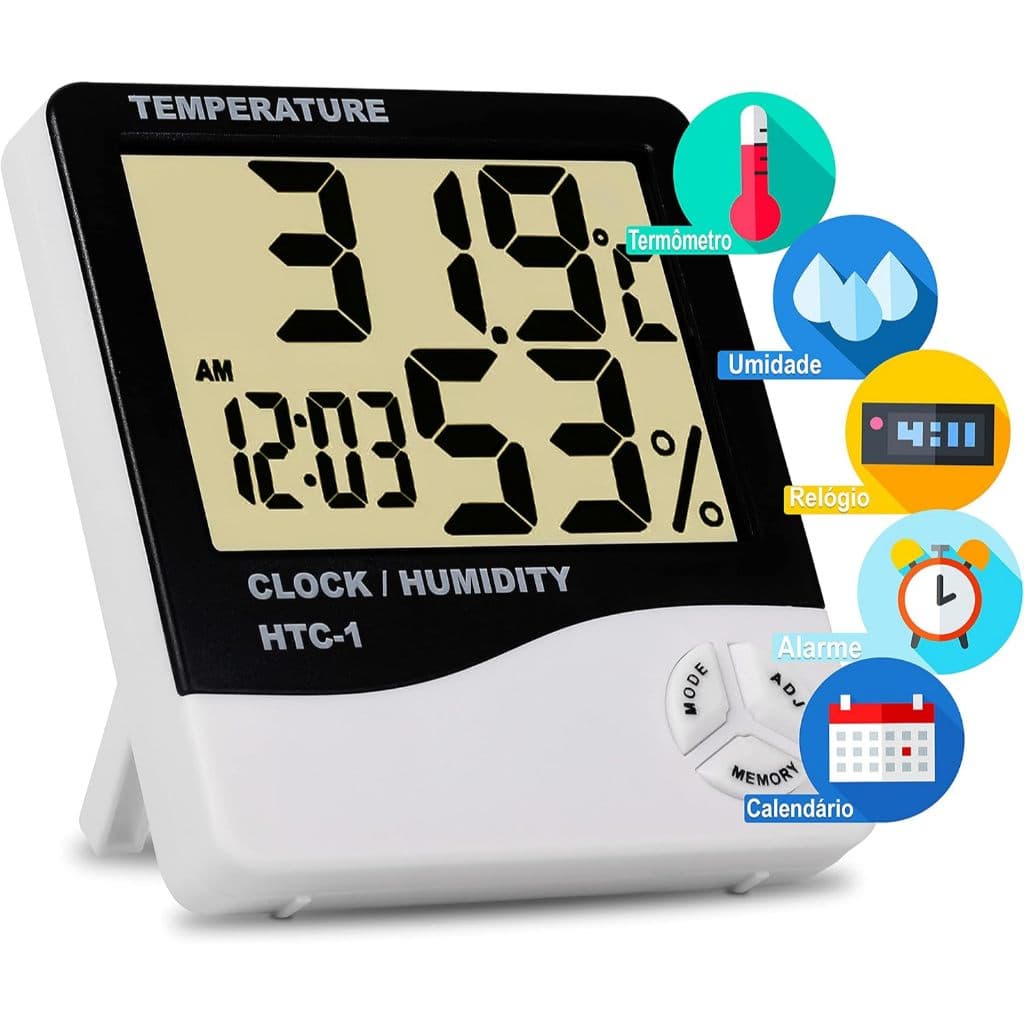 Termômetro digital e higrômetro com LCD, mede temperatura, umidade, hora e alarme, branco e preto