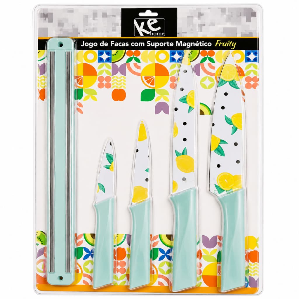 Pacote de facas com design de frutas e suporte magnético, quatro peças com cabos azuis