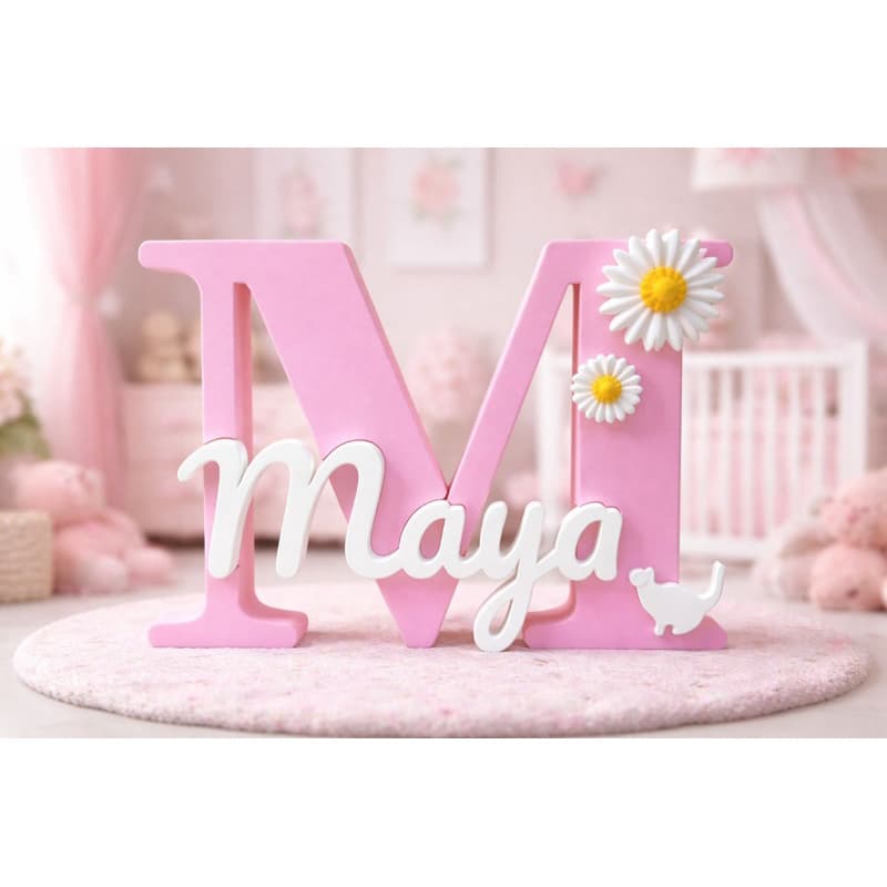 Letreiro rosa personalizado com a letra M para decoração de quarto de bebê