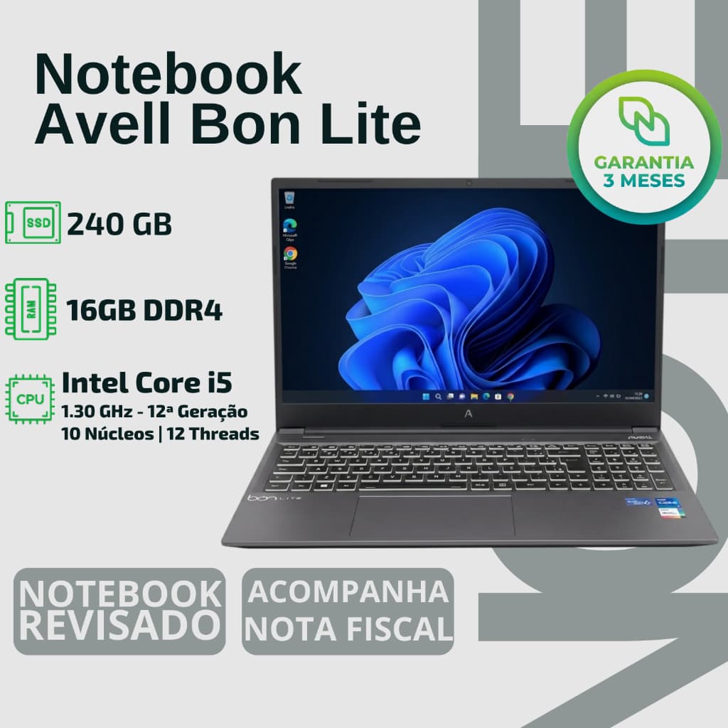 Notebook Avell 15,6 com Intel Core i5, 16GB RAM e SSD 240GB, cinza, teclado retroiluminado, fundo cinza