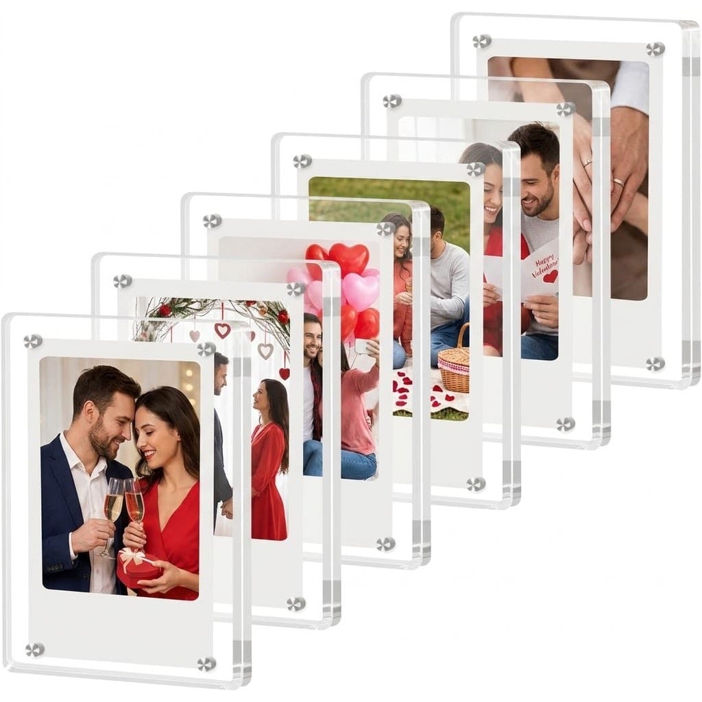 Kit com seis porta retratos magnéticos acrílicos transparentes com fotos de casal em momentos românticos