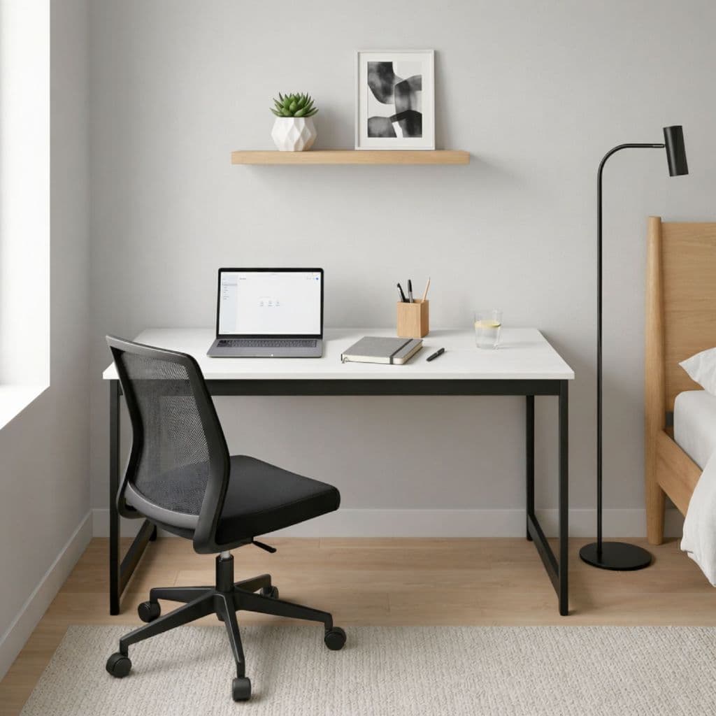 Mesa de Escritório Escrivaninha 116cm Base Metálica Preta Compacta Sofisticada Moderno Trabalho