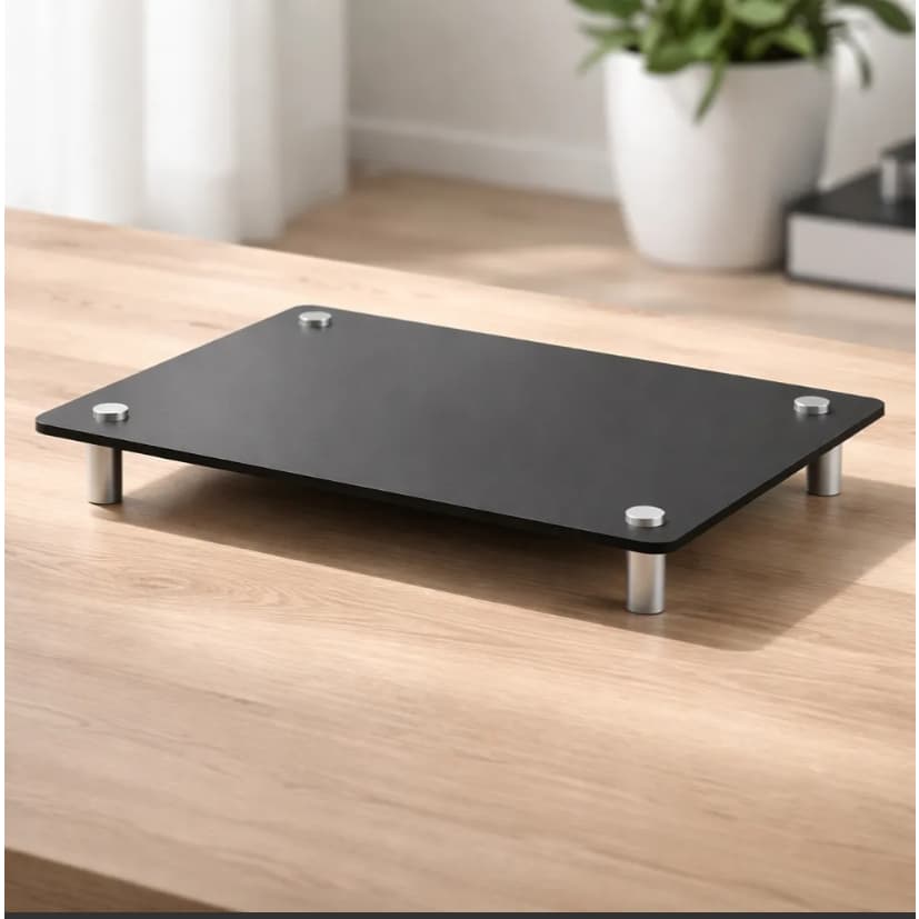 Base metálica preta com pés de metal prateado em uma mesa de madeira