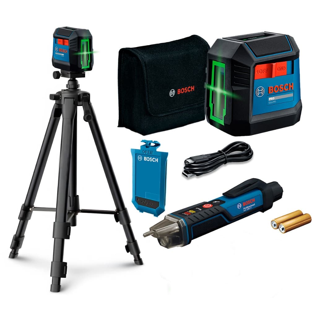Kit Nível a Laser Verde Cruzado 2 Linhas Recarregável Bosch com Detector de Tensão e Tripé
