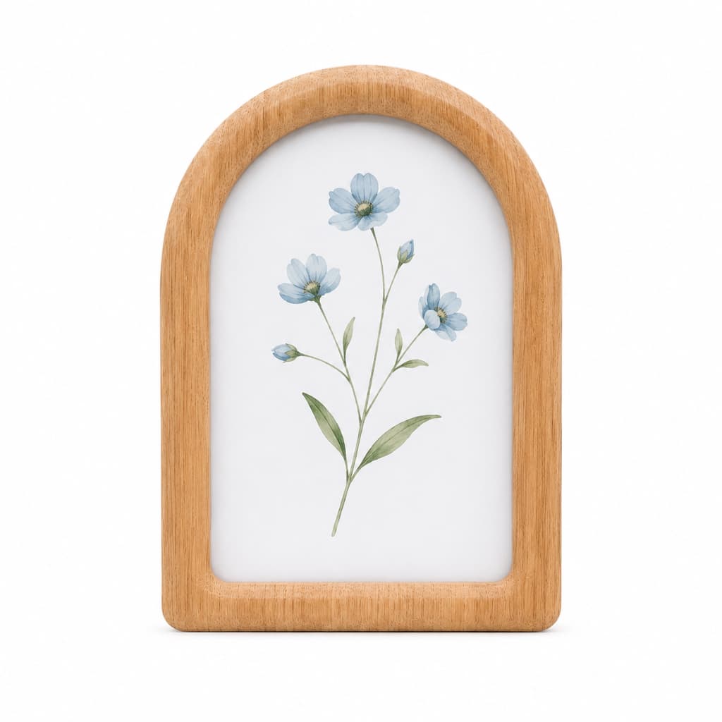 Porta-retrato MDF 15x20 com desenho de flores azuis e folhas verdes, moldura minimalista marrom.
