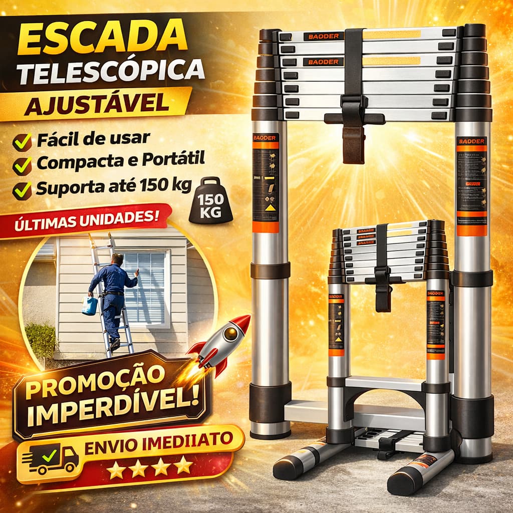 Escada telescópica multifuncional em aço inoxidável prata, fácil de usar, compacta e portátil, suporta até 150 kg, promoção imperdível, envio imediato